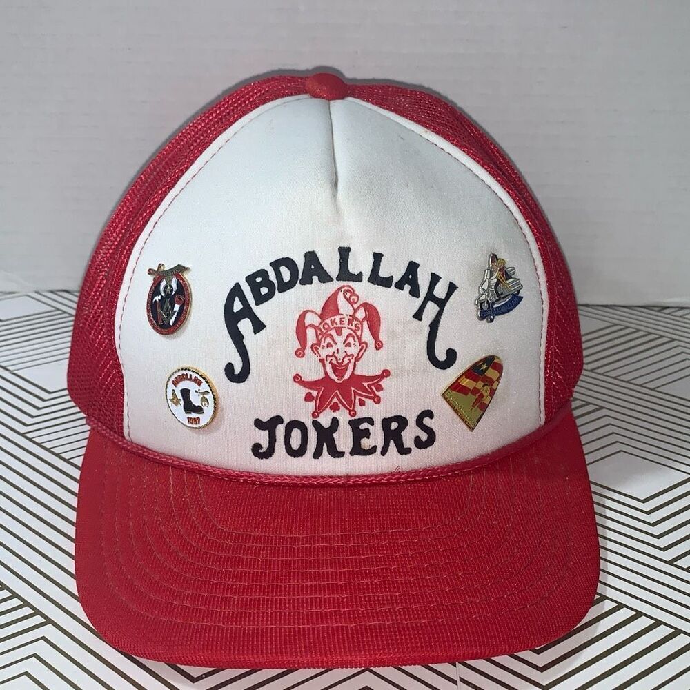 VTG Shriners Headwear Abdallah Jokers OS Hat Cap Red White‎ Mesh Snap Back Pins